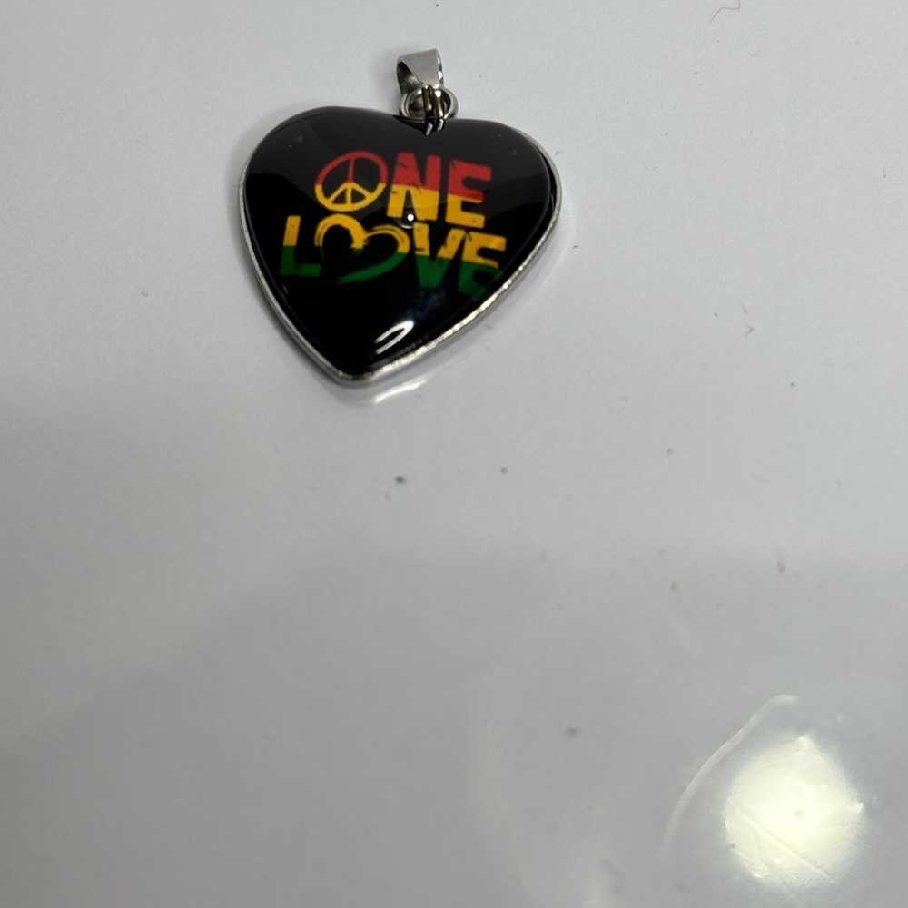 Heart Pendant "One Love" Rasta Colors and Silver Necklace